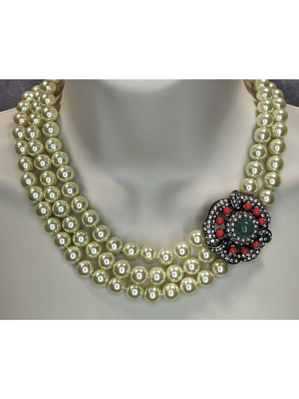 Vintage Glam Statement Pearl Triple Strand Floral Rhinestone Necklace